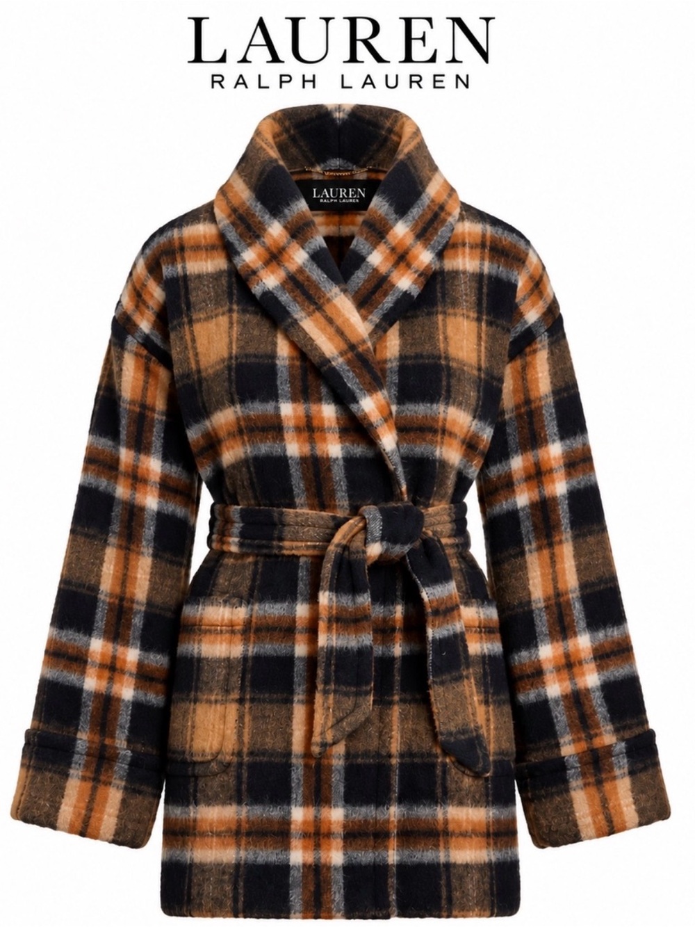 Lauren Ralph Lauren Plaid Wool Blend Shawl Collar Wrap Coat Brown Womens XL $495